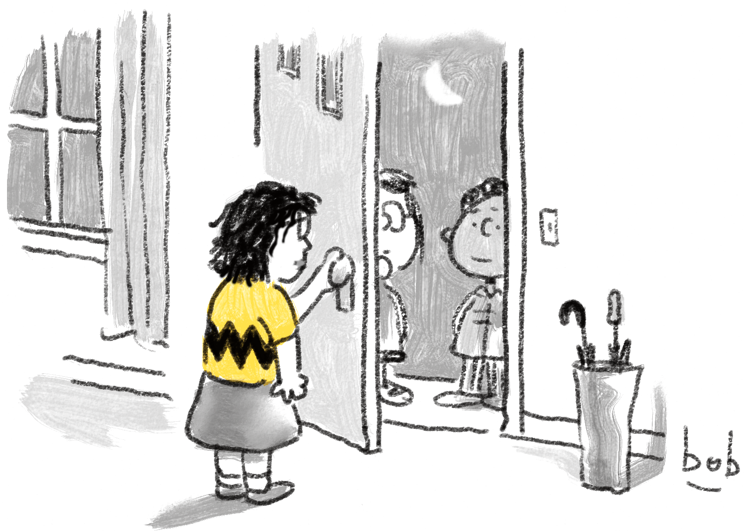 Cartoon by Bob Eckstein: A Charlie Brown-shirted Jane Friedman opens her apartment door in the evening to admit Peanuts characters Marcie and Franklin.